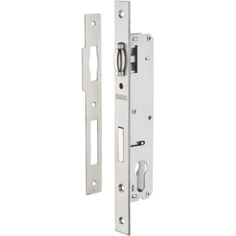 1 boîtier de serrure, axe 20 mm, carré 8 mm, acier zingué, têtière inox, pour menuiserie métallique