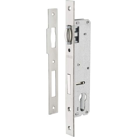 1 boîtier de serrure, axe 25 mm, carré 8 mm, coffre acier, têtière inox, pour menuiserie métallique
