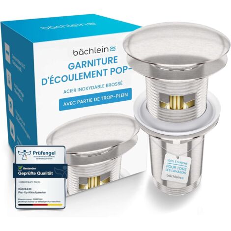 1 - Bonde Universelle - Valve Pop-up Inox Brossé - Fonction Clic-clac avec Trop-plein - Pour Lavabo et Évier de Salle de Bain - Argenté - 3,2x3,2cm