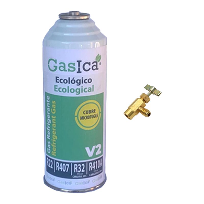 1 Bottiglia Gas Ecologico Gasica 226Gr + V2 valvola sostitutiva R22, R32, R407C, R410A Organic Fermo