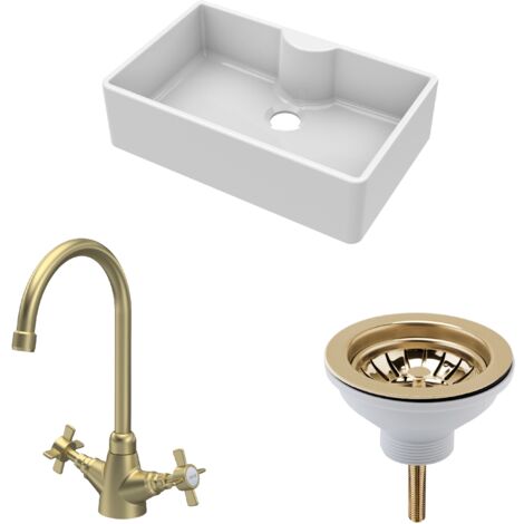 1 Bowl Fireclay Butler Sink with Tap Ledge, Waste & Mono Tap, 795mm - Brushed Brass