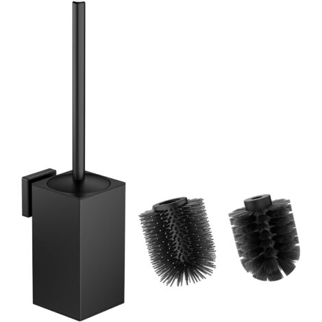 1 Brosse WC, Support Mural, Acier Inoxydable 304, Têtes Silicone Et PP, Design Carré Noir, Salle De Bain