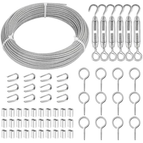 1 - Câble Acier Inoxydable - Gaine PVC - Tendeur M4 et Accessoires de Fixation - Pour Suspendre Lumières et Clôtures de Jardin - Argent - 3mm x 3000cm