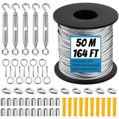 1 - Câble Acier Inoxydable - Kit Suspension Jardin - Fil Gainé PVC 2mm Avec Tendeurs M5 - Pour Plantes Grimpantes Et Extérieur - Argent - 50M