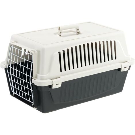 1 Caisse de transport, plastique recyclé, porte en fer plastifié, crochets latéraux, pour chat et chien jusqu'à 8 kg