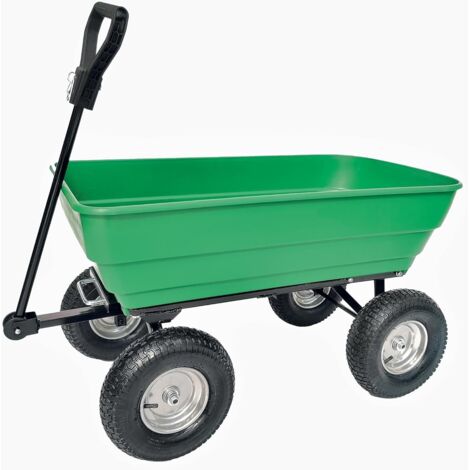1 Chariot remorque, 4 roues gonflables, benne basculante, châssis acier, capacité 125 litres, pour jardin