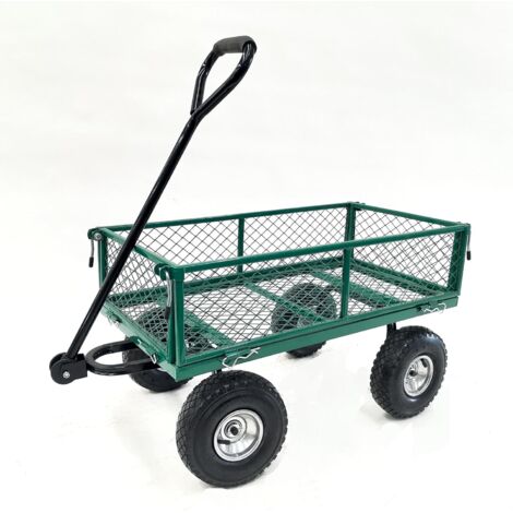 1 Chariot remorque, bac grillagé 65L, 4 roues gonflables, essieu directionnel, charge 300kg, jardin tout-terrain