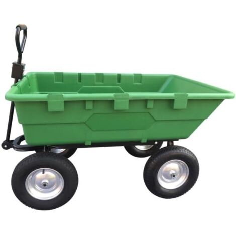 1 Chariot remorque de Jardin, 225 litres, châssis acier, benne basculante, 4 roues gonflables, transport déchets verts