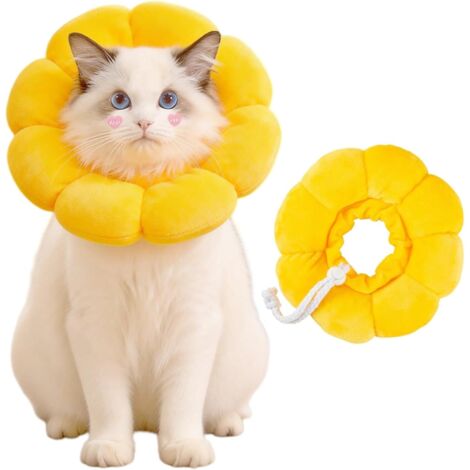 1 - Collerette Chat - Collier De Protection - Design Tournesol En Coton Doux - Anti-Léchage Pour Convalescence Et Toilettage - Ajustable - Jaune - 22x22cm