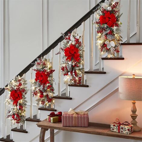 1 confezione di ghirlanda natalizia a goccia con luci, ghirlanda natalizia in pino preilluminata, decorazioni natalizie per scale per porta d'ingresso e finestra, 18 x 8 pollici, rosso