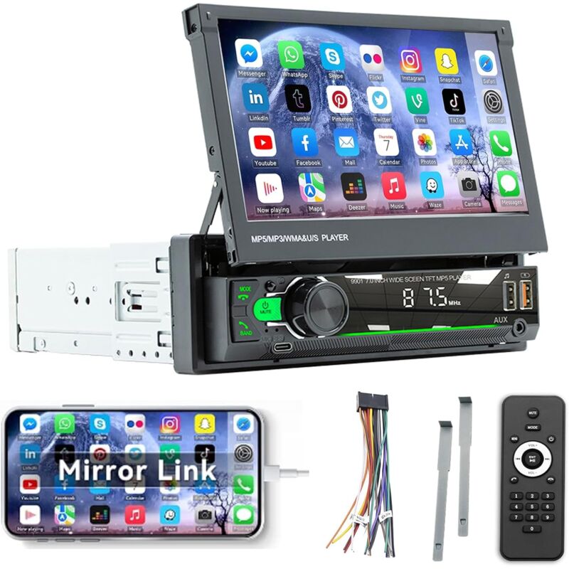 1 DIN Autoradio avec Motorisé Écran Tactile Rétractable de 7 Pouces,Poste Radio Voiture avec Mains Libres Bluetooth Mirror Link Radio FM Commande au