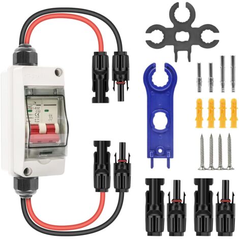 1 - Disjoncteur DC - Boîtier Étanche IP65 - 2 Pôles 32 A 500 V pour Installation Photovoltaïque et Solaire - ABS Gris - Câble 26 cm