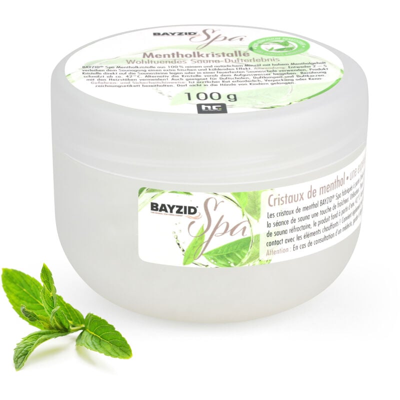 Cristaux de menthol bayzid® spa pour infusion de sauna, 100% menthe naturelle. Boite de 100 grammes avec cuillère doseuse