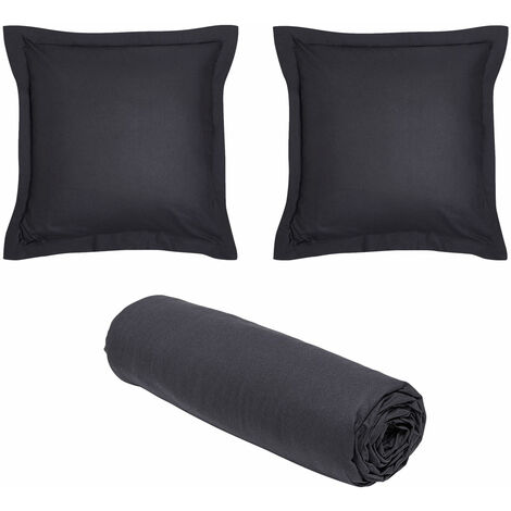 1 drap housse 180x200 Coton Bio + 2 taies carrées Noir Fusain