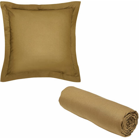 1 drap housse 90x190 Coton Bio + 1 taie carrée Marron Bronze