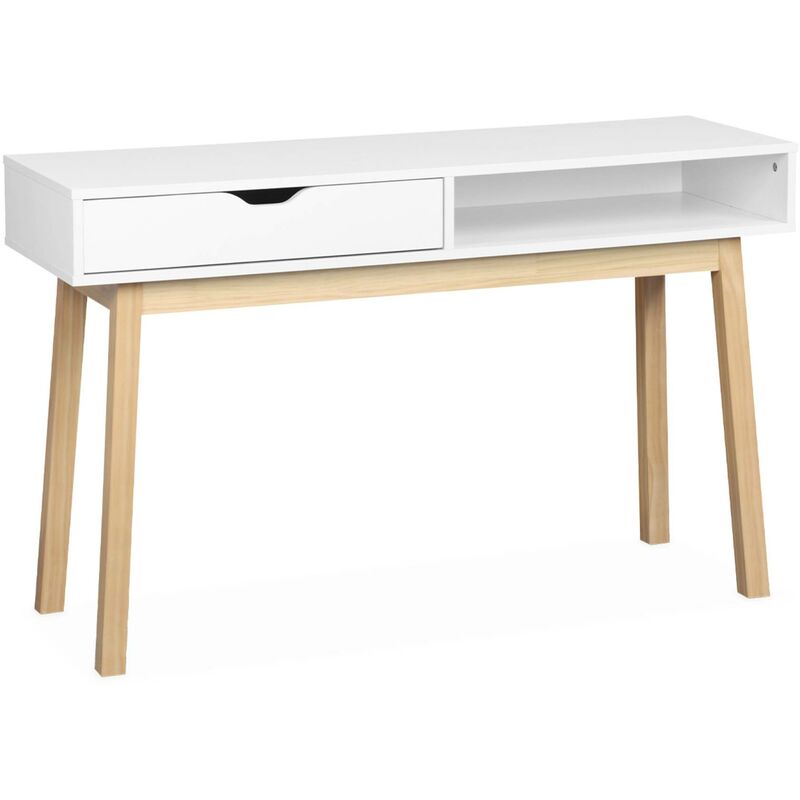 Console with Wood Effect and Wooden Legs, 1 Drawer, white, L119cm x W37cm x H74.5cm - White