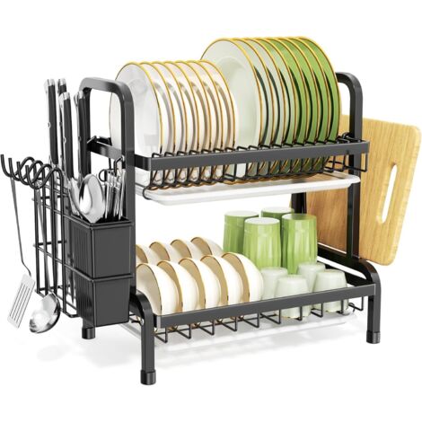 1 Égouttoir Vaisselle 2 Étages Inox Noir, Support Couverts Planche Découper, Drainage Évier Cuisine