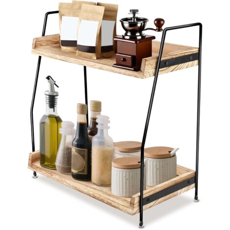 1 Étagère à Épices 2 Niveaux, Bois et Acier, Organisateur Cuisine, Gain de Place, Maison Bureau