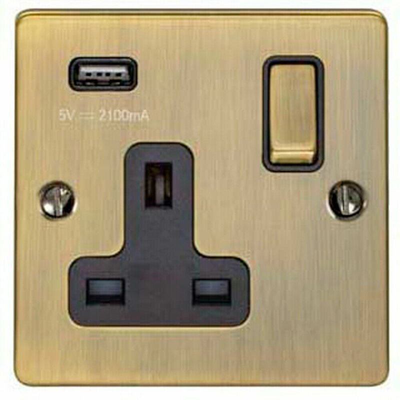 Loops - 1 Gang Single uk Plug Socket & 2.1A usb Charger antique brass 13A Switched