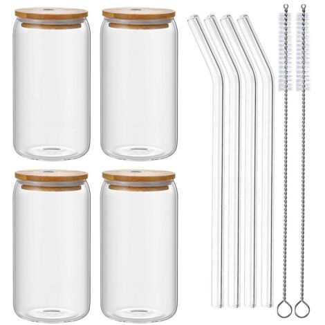1 gobelet en verre de 500 ml avec paille, couvercle en bois, joint en silicone et canette résistante aux hautes températures