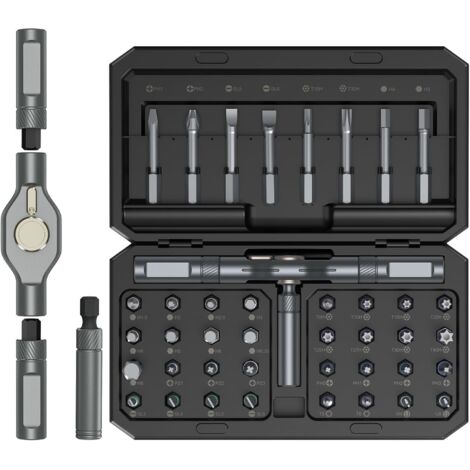 1 jeu (16,6 x 9,45 x 3,95 cm) de tournevis multi-embouts magnétiques de précision 42 en 1 noir avec 40 embouts et une poignée à cliquet amovible en forme de T