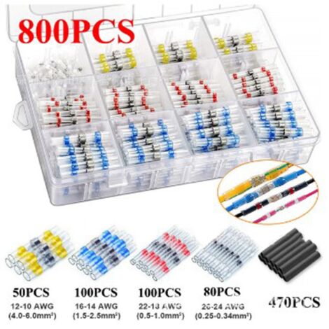 1 jeu de bornes thermorétractables, anneau de soudure étanche, connecteurs bout à bout isolés, assortiment de 800 pièces blanc 70 rouge 80 bleu jaune 35 tubes 535