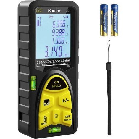 1 jue Mesure laser 50 m, télémètre laser 165 pieds, outil de mesure numérique à poignée portable avec niveaux à bulle, grand écran LCD rétroéclairé et étanche Ip54