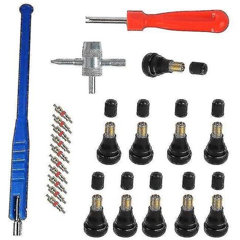1 kit bleu pour pneus de voiture, outil d'installation de valve pour pneus tubeless, extracteur de valve 23 pièces et clé à obus de valve