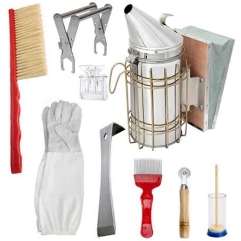 1 Kit d'outils d'apiculture en acier inoxydable : enfumoir, brosse, gants, grattoir, couteau à miel, clip – accessoires pour débutant apiculteur B