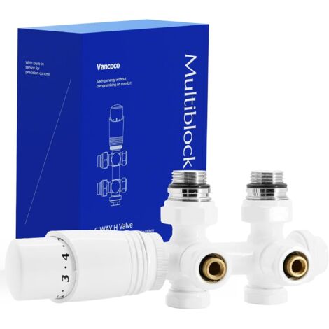 1 - Kit Multibloc - Vanne Thermostatique - Raccordement Central 50mm - Design Moderne En Laiton Massif Finition Blanche Pour Radiateur De Chauffage Salle De Bain Chambre Cuisine Blanc
