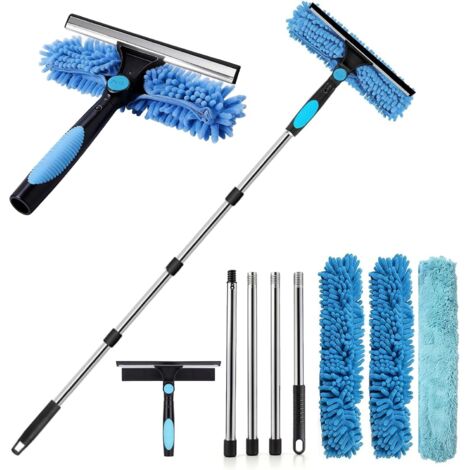 1 Kit Nettoyeur Vitres, Manche Télescopique 180 cm, Raclette Silicone, Microfibre, Pour Fenêtres Hautes