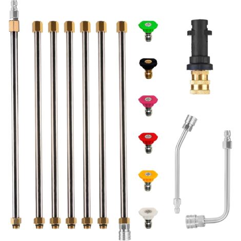 1 - Kit Rallonge Nettoyeur Haute Pression - Adaptateur Karcher - Tiges Courbées 30°/90° - Nettoyage Gouttières et Zones Inaccessibles - Acier Inoxydable - 290 cm