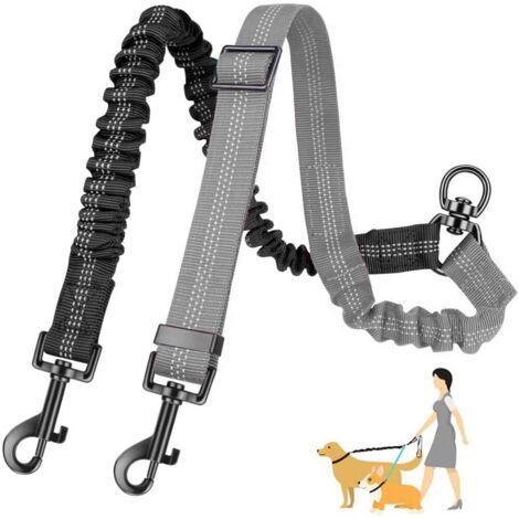 1 laisse double pour chien, réglable 45-65cm, nylon robuste, mousqueton rotatif 360°, anti-enchevêtrement, petits moyens grands chiens