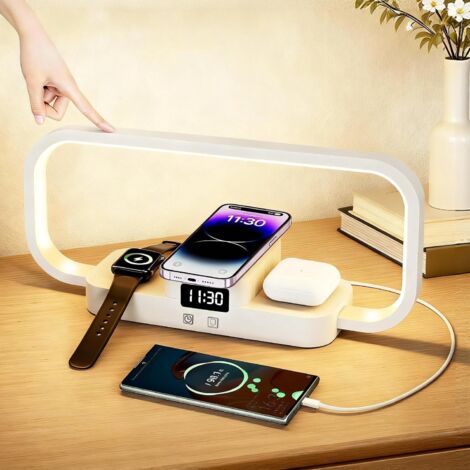 1 Lampe De Chevet, Chargeur Sans Fil 10W, LED Tactile Dimmable, Horloge Numérique, Pour Chambre Et Bureau