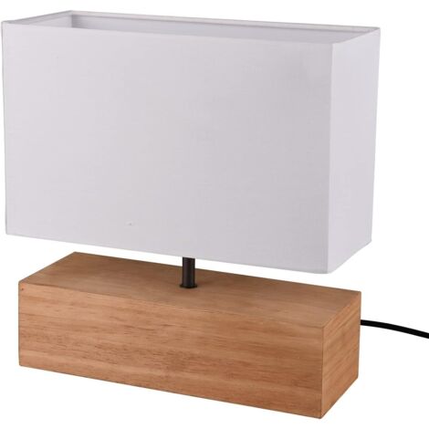 1 Lampe de table, Socle bois, Abat-jour tissu blanc, Interrupteur cordon, Salon chambre