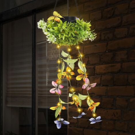 1 lampe solaire plante artificielle suspendue vigne papillon, guirlande lumineuse étanche facile à poser pour balcon clôture et cour