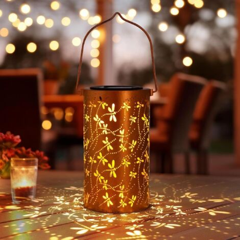 1 Lanterne Solaire, Motif Libellule, Métal IP44, LED Blanc Chaud, Jardin Patio Terrasse