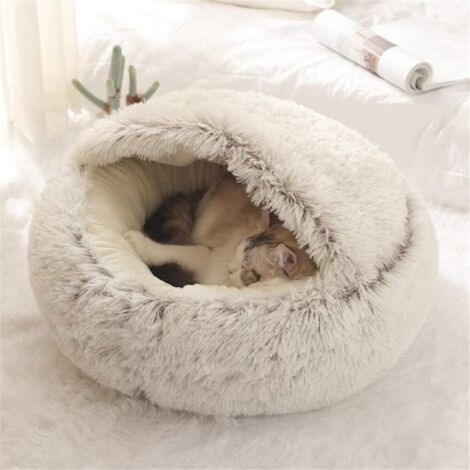 1 Lit rond pour chat, peluche douce, capuche, antidérapant, lavable, hiver, 60 cm