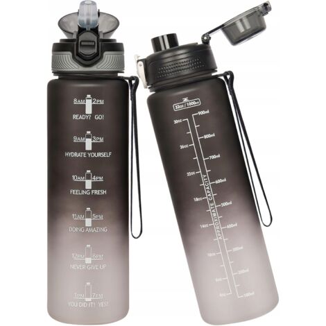 1-Liter-Sportwasserflasche mit Strohhalm und Zeitmarkierungen, 2 Deckel