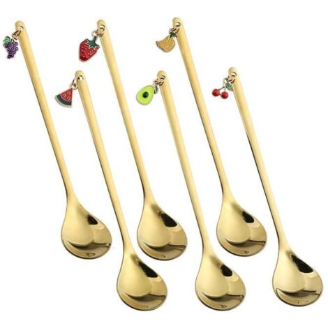 1 lot de 6 cuillères à café en acier immortel avec pendentifs à motif de fruits, 14,8 x 2,7 cm, or.