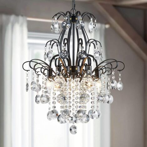 1 Lustre 5 Lumières Cristal Moderne Hauteur 57cm Largeur 50cm Base E14 Noir Pour Salon Chambre