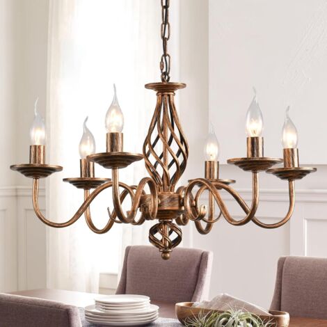 1 Lustre Fer Forgé 6 Lumières Hauteur Réglable Style Rétro Bronze Pour Salon Salle À Manger
