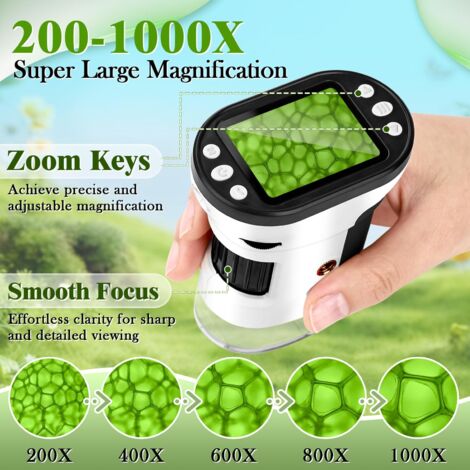 1 microscopio digitale per bambini e adulti, microscopio tascabile ricaricabile 200-1000X per acquisizione di foto e video, mini microscopio portatile con schermo HD da 2'' e scheda TF da 32 GB