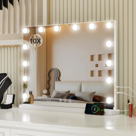 1 Miroir Hollywood, 14 ampoules LED, commande tactile, miroir grossissant 10x, port USB, salle de bain