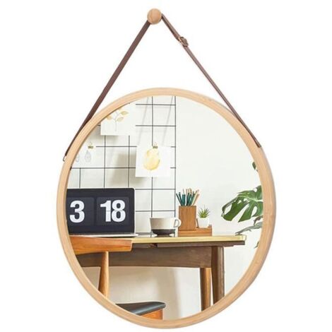1 Miroir mural, rond 45 cm, cadre en bambou naturel, sangle réglable, pour salle de bain chambre salon