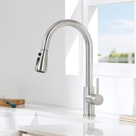 1 Mitigeur Cuisine, Douchette Extractible 3 Modes, Rotation 360°, Acier Inoxydable Brossé, Pour Évier