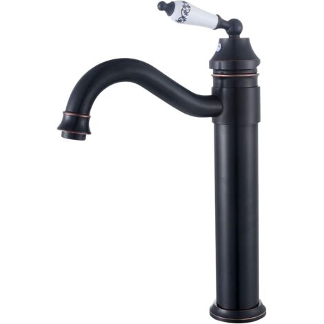 1 - Mitigeur Lavabo - Robinet Salle De Bain - Laiton Noir Rétro - Rotation 360° - Vanne Céramique - Pour Salle D'eau - Noir - 35x15cm