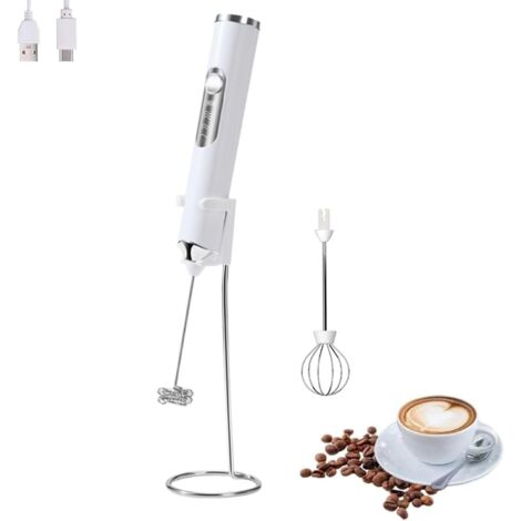 1 Mousseur à lait électrique, 2 fouets inox, USB rechargeable 3 vitesses, pour latte cappuccino œuf cuisine