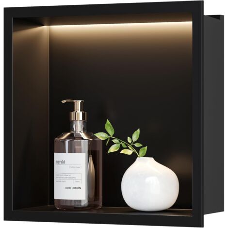 1 Niche de douche, Acier inoxydable, Éclairage LED, Finition noire, 30x30 cm, Salle de bain