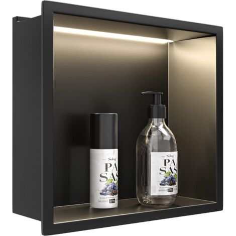 1 Niche de douche en acier inoxydable, double couche avec LED, 60x30 cm, noir, pour salle de bain